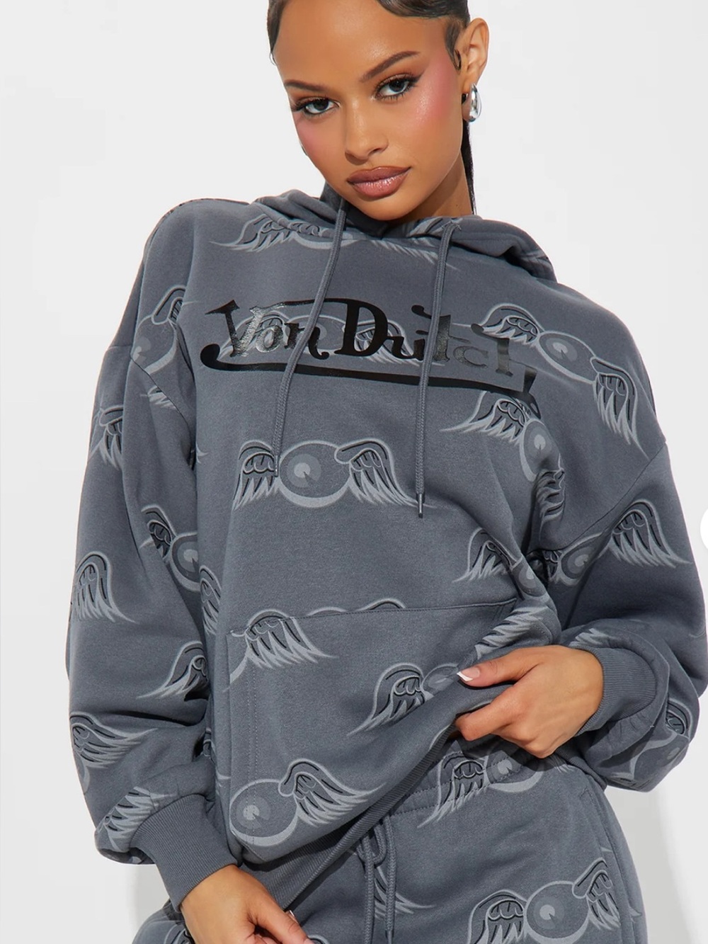 Von Dutch Fly High Grey Logo & Winged Print Pullover Hoodie Sweater Size M